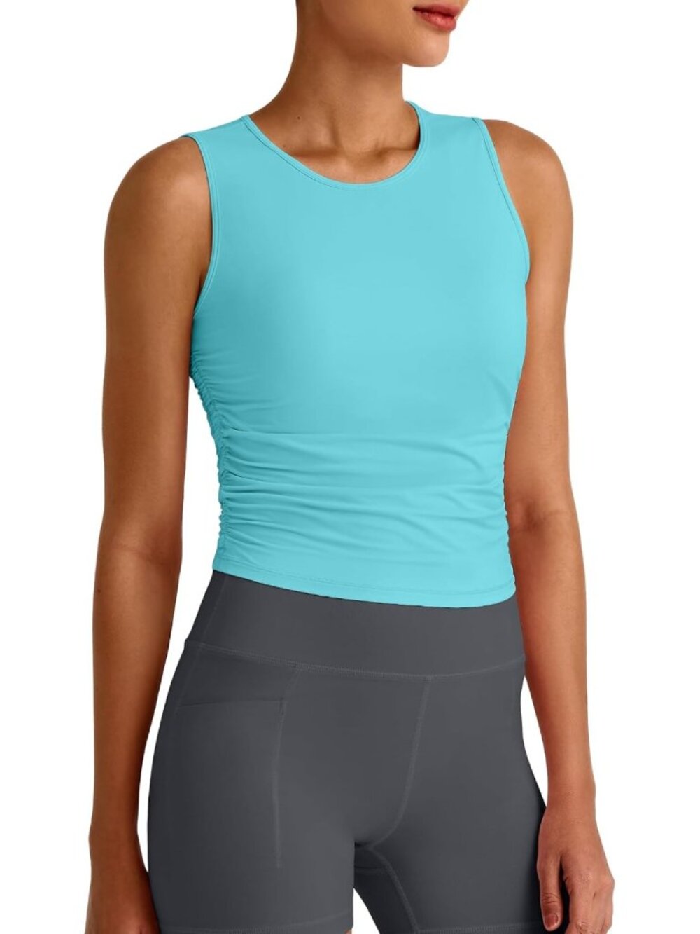 High Neck Ruched Crop Tank Top for Women - Sleeveless Summer Workout Shirt